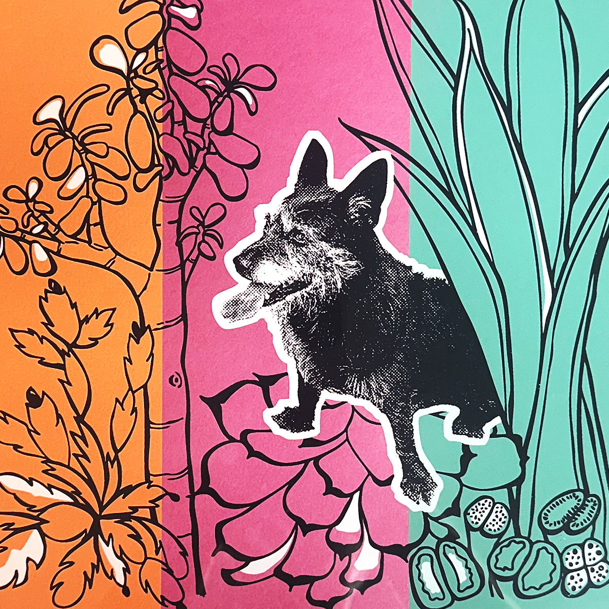 screen print of a black dog on top of flowers