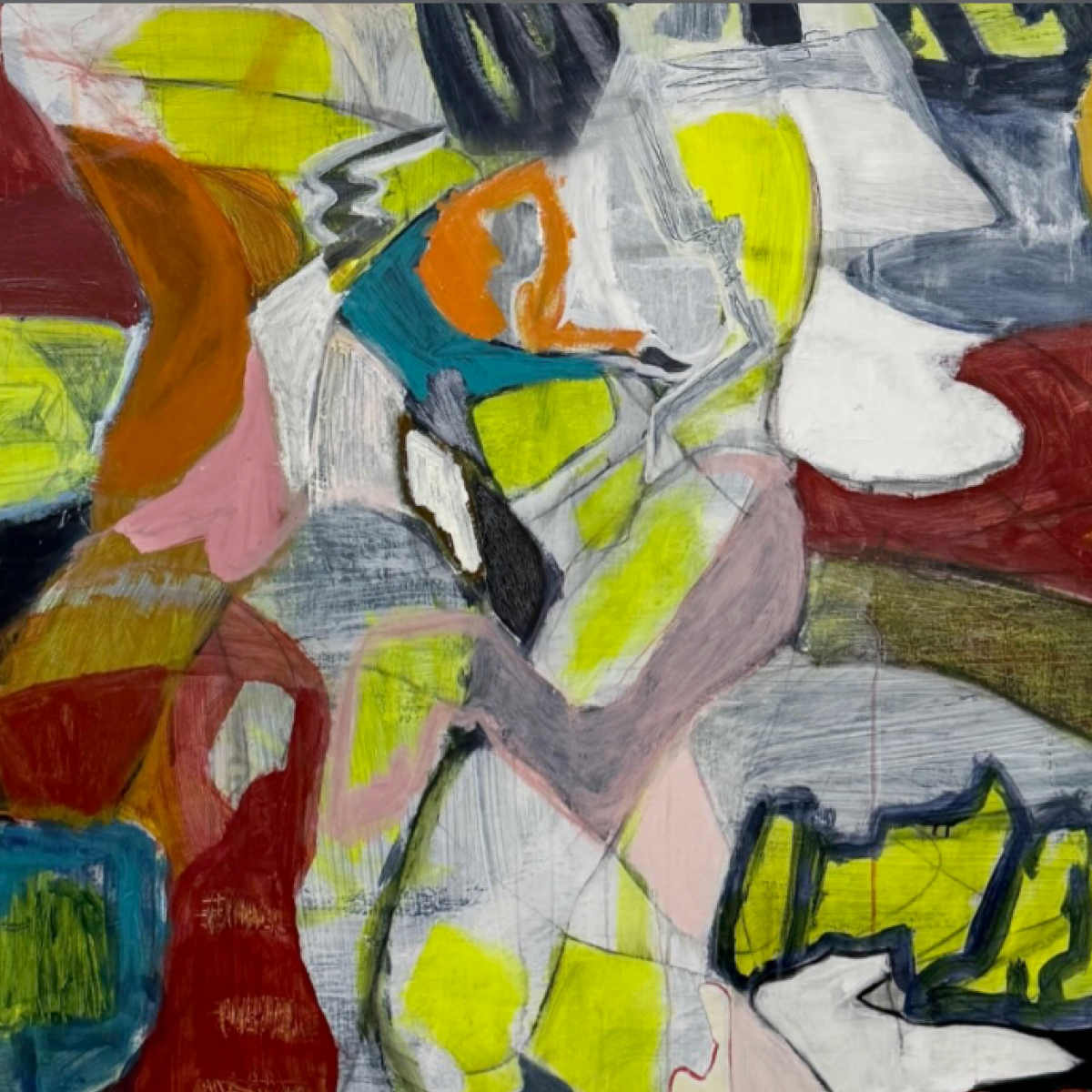 abstract painting with many colors and thin black lins