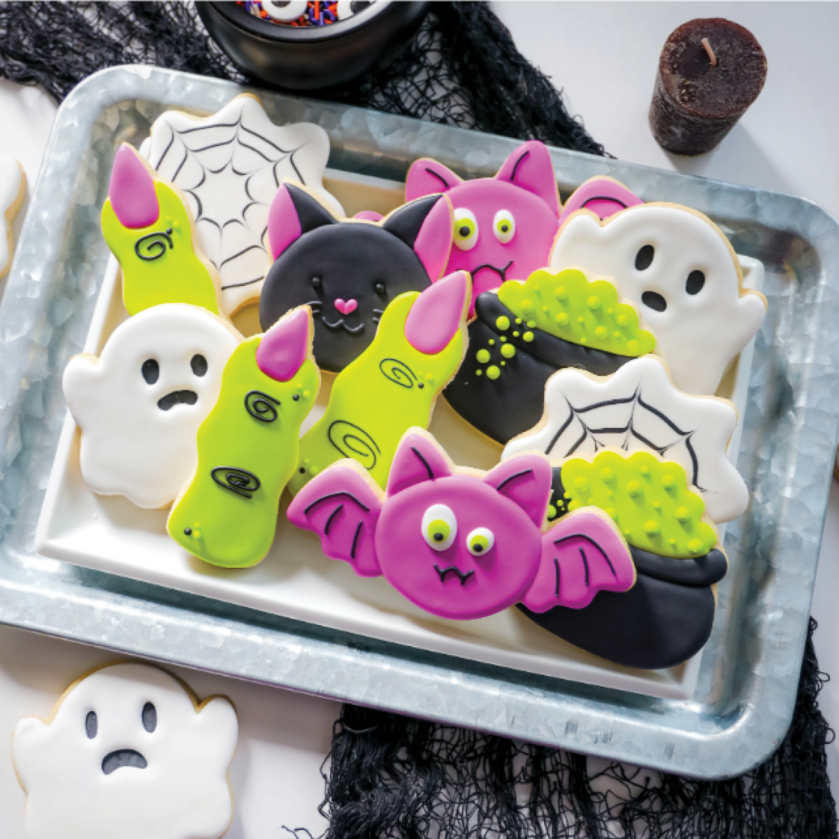 tray of halloween cookies